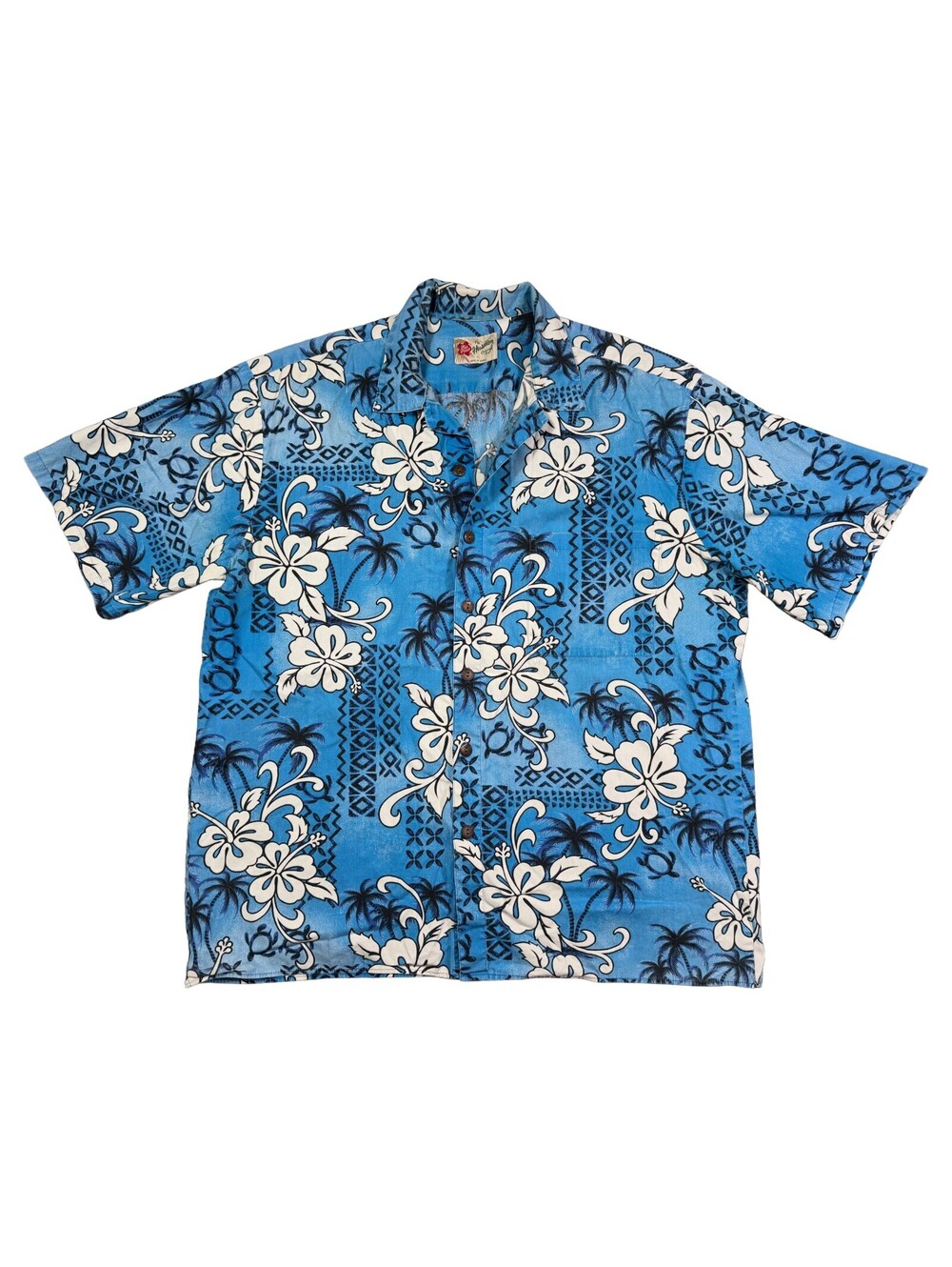 Vintage Hilo Hattie Hawaiian Shirt Mens XL Blue Hibiscus Palm Made Hawaii Cotton